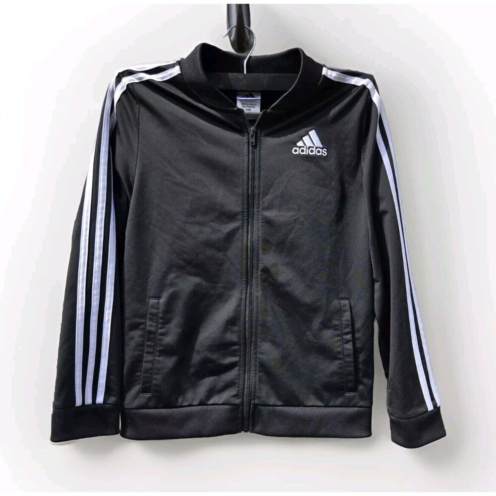 ADIDAS Girls XL 16 Black 3-Stripes Jacket Zip-up Tricot Track Gym Sports AP4472